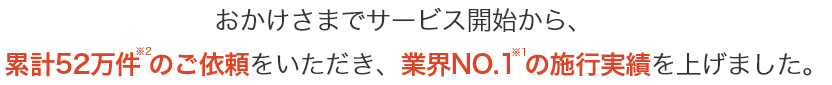 おかげさまでサービス開始から、累計52万件※2のご依頼をいただき、業界No.1※1の施行実績を上げました。